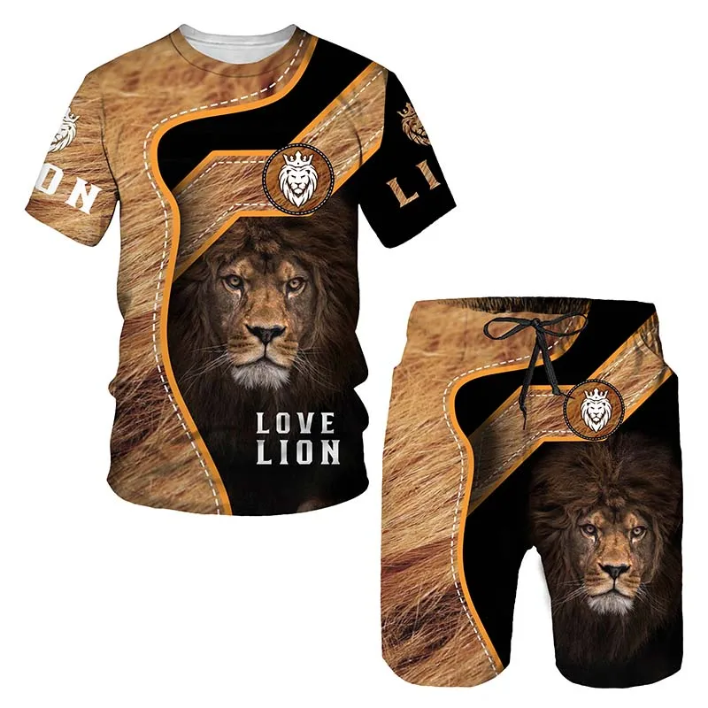 Men Summer Tracksuit Casual Suit Fashion 2 Pieces T-Shirt Shorts Set Outfits Oversized Streetwear Male 3D Lion Printed Tracksuit