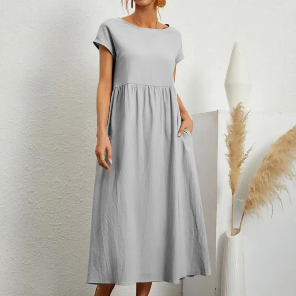

Casual Solid Color Women Dress Short Sleeve Casual Breathable A-Line Dual Pockets Midi Dress for Female сарафан женский лето