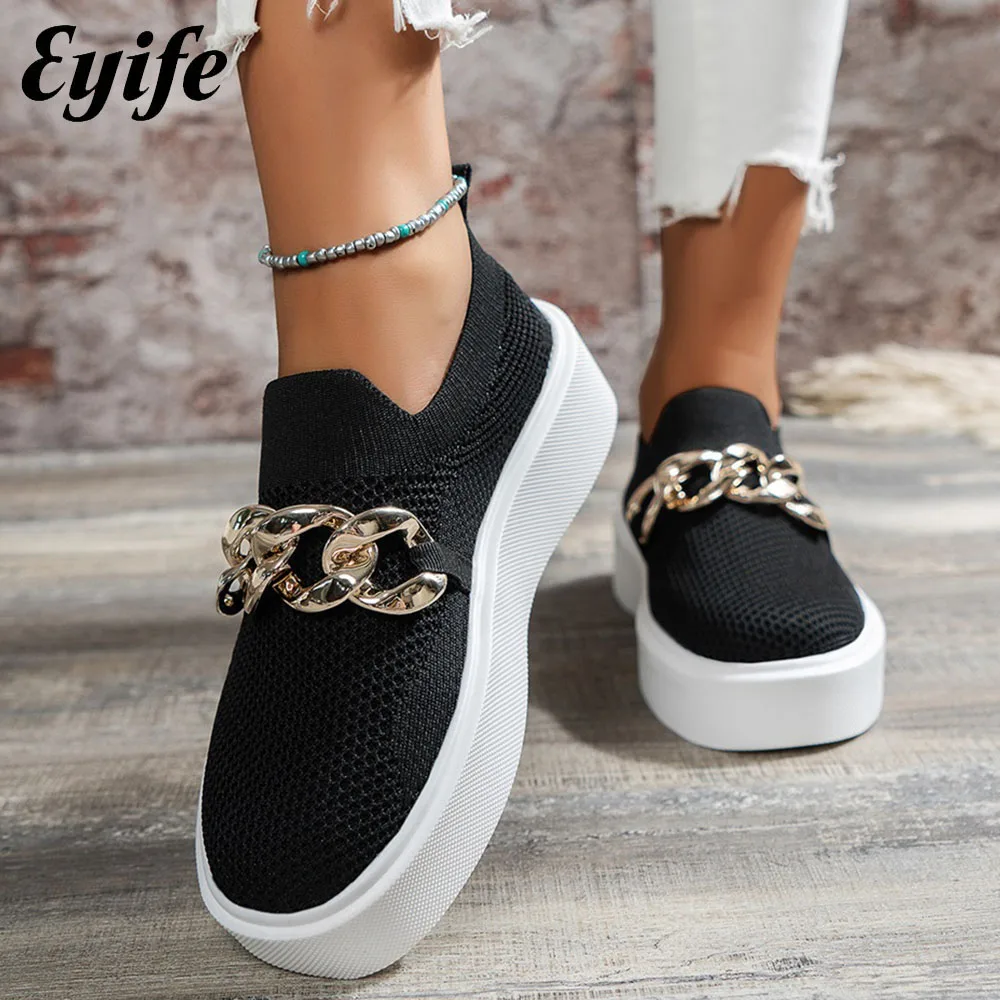 

Women's Chain Sneakers 2023 Spring New Fashion Knitted Fabric Ladies Slip On Comfy Loafers 36-43 Large-Sized Female Sport Flats