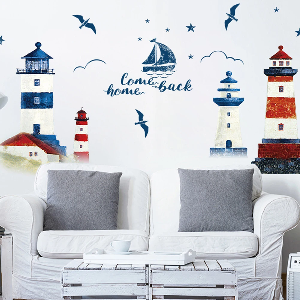 

Bedroom PVC Sea Sailboat Decoration Lighthouse Mural Kids DIY Removable TV Background Home Children Art Decal