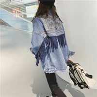 womens denim coat jacket tassel embroidery loose korean version net red denim top spring and autumn coat plus size blue