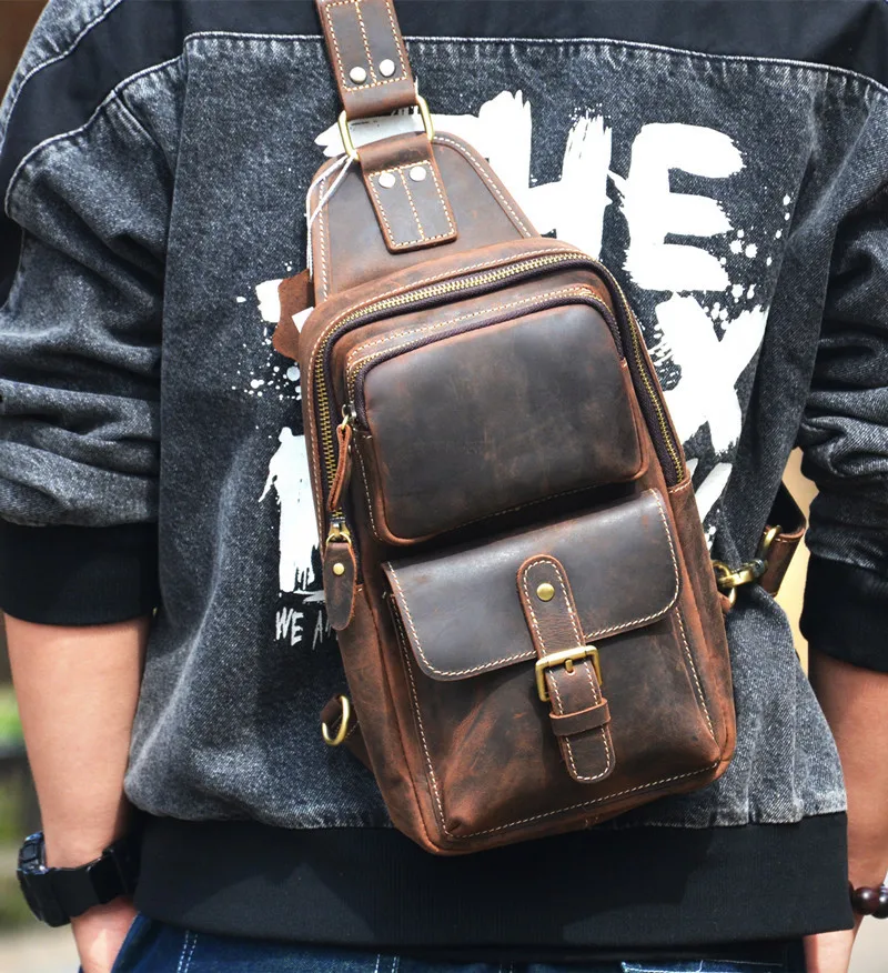 Vintage fashion luxury Crazy Horse cowhide men's multi-pocket chest bag Casual outdoor daily travel cowhide Selling shoulder bag