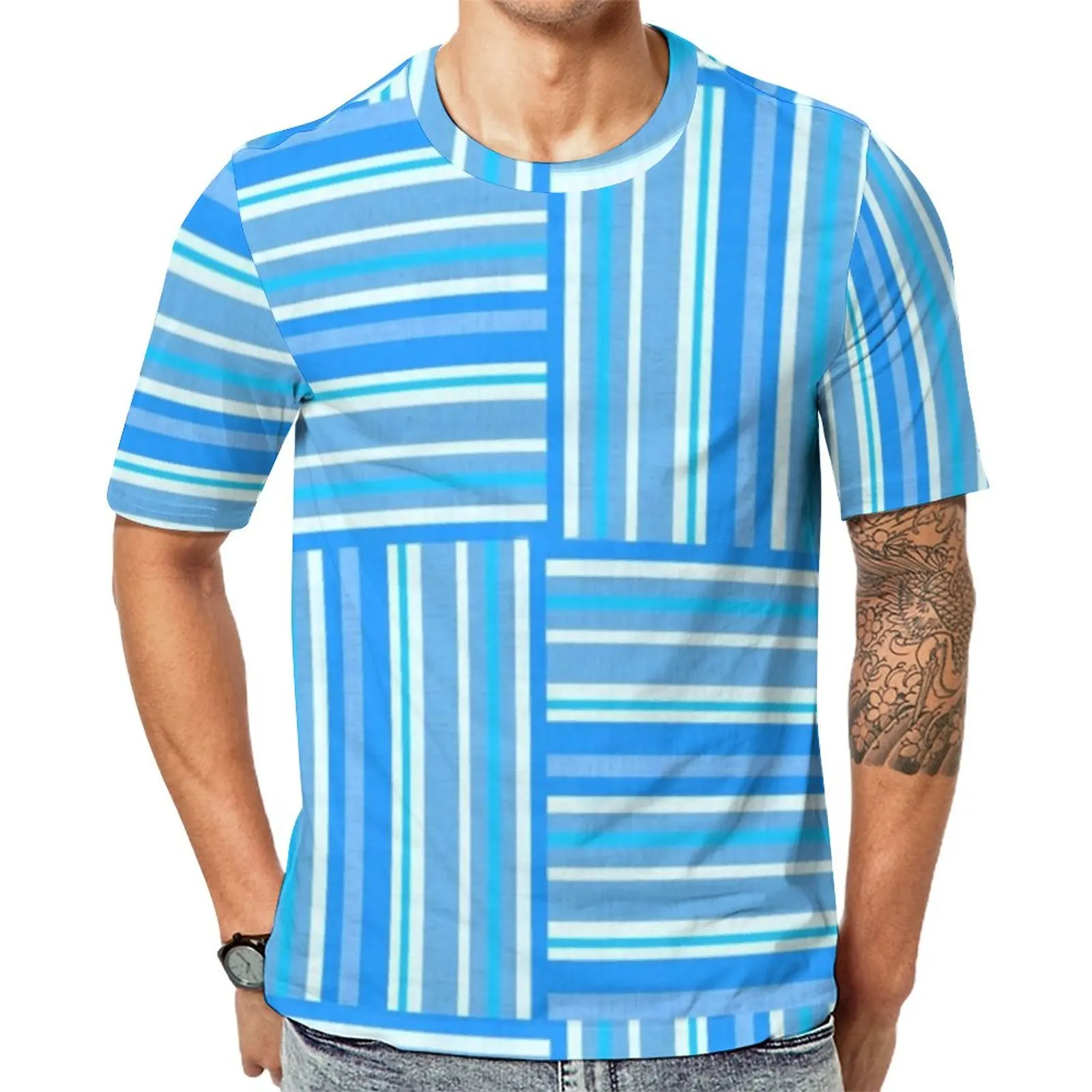 

Футболка мужская в белую и синюю полоску, с принтом в виде цветных линий, в стиле хиппи, летняя футболка с графическим рисунком, базовая Женская одежда с коротким рукавом