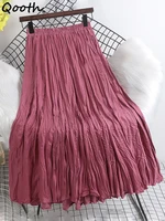 qooth 2022 spring summer high waist solid color pleated skirts womens mid length casual skirt qt1814