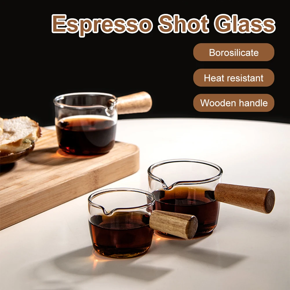 

50ml/80ml Single Spout Coffee Measuring Cup Borosilicate Glass Wooden Handle Espresso Glass for Wine Milk Coffee Tea Jug
