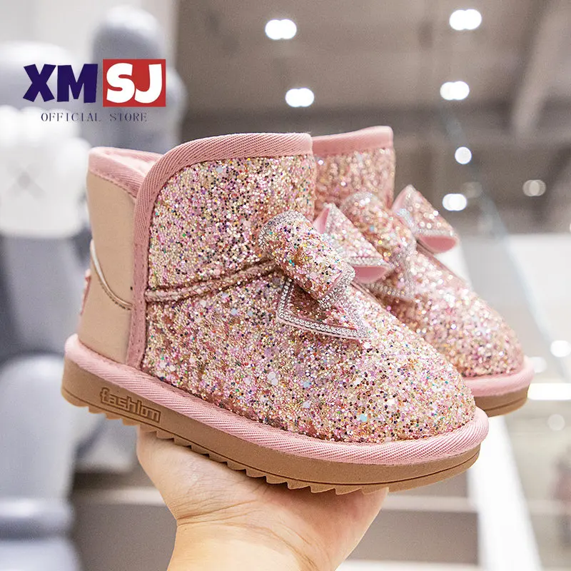 Sweet Girls Shine Crystal Snow Boots Non-slip Bow Slip-on Child Fashion Round-toe Solid Color Casual 2022 New Winter Warm Boots