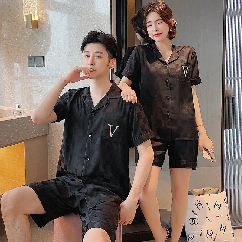 

New Couple Pajamas Women's Summer Pijama Ice Silk Sleepwear Short-sleeved Shorts Suits Large Size Home Clothing Pajama Sets 2022