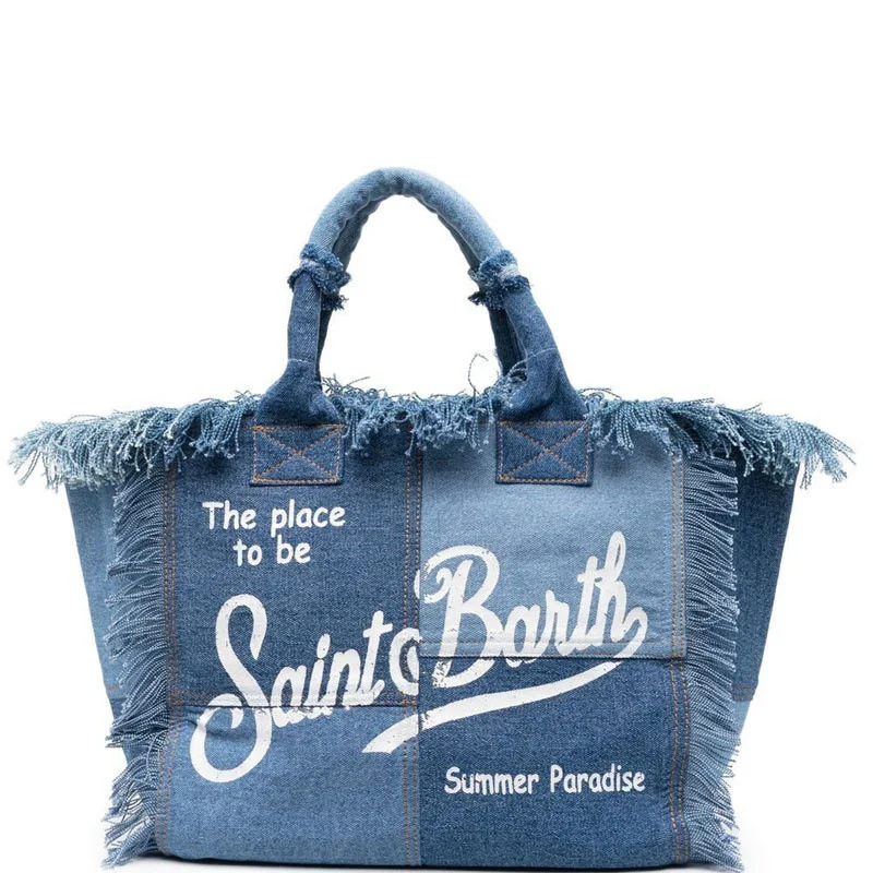 

Europe and America Travel High Capacity Women's Bag New Handmade Tassel Handbag Fashion Printed Denim Tote Bag