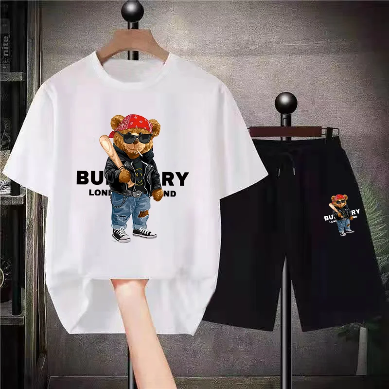 Fashion Funny Bear T Shirt Shorts Pure Cotton Men's Tracksuit 2 Piece Sets Brand Man Clothing Streetwear Hip Hop Sports Outfits