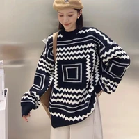 ladies wave back pattern loose retro pullover sweater casual sweater women streetwear tops autumn and winter fashion sweater