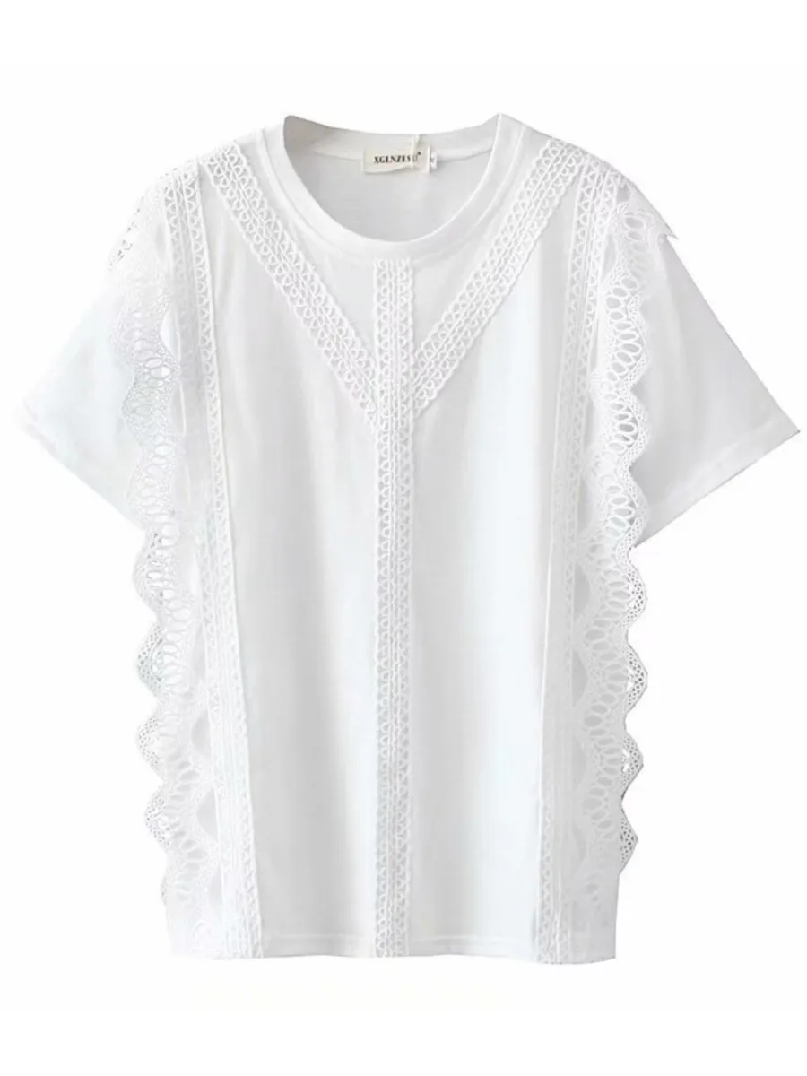 

Plus Size T-Shirt For Women Cotton Lace Sweet Summer 2022 Tees Short Sleeve Tops