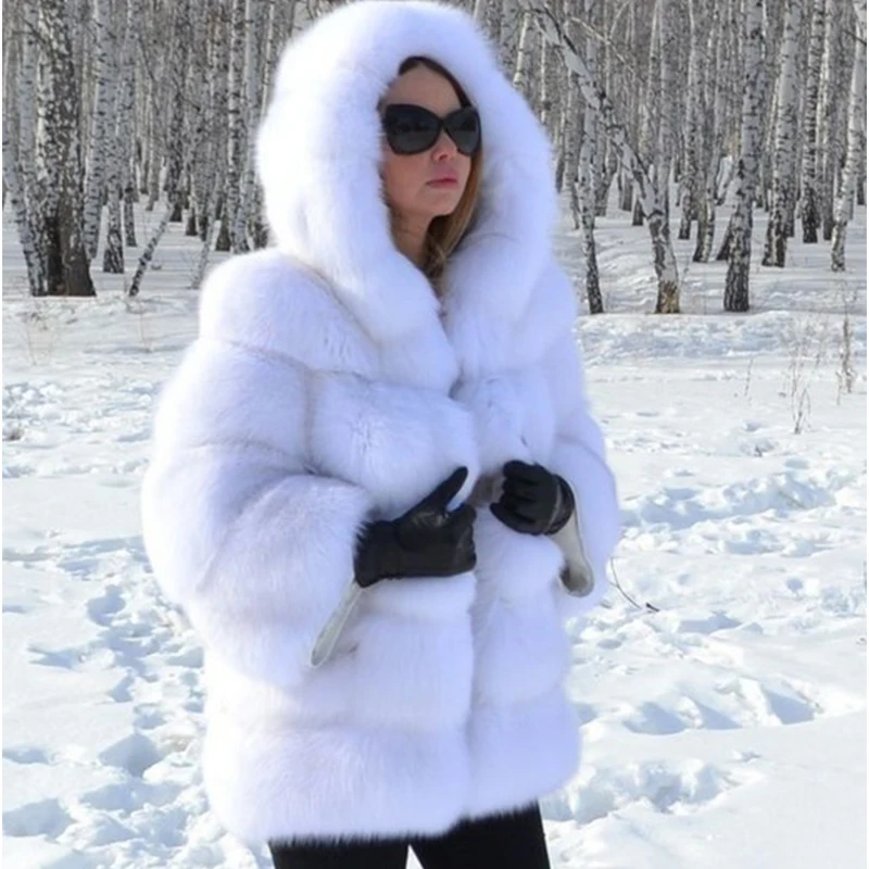High Quality Furry Silver Fox Faux Fur Coats and Jackets Women Fluffy Coat Hooded Thick Warm Winter Fur Jacket Manteau Femme