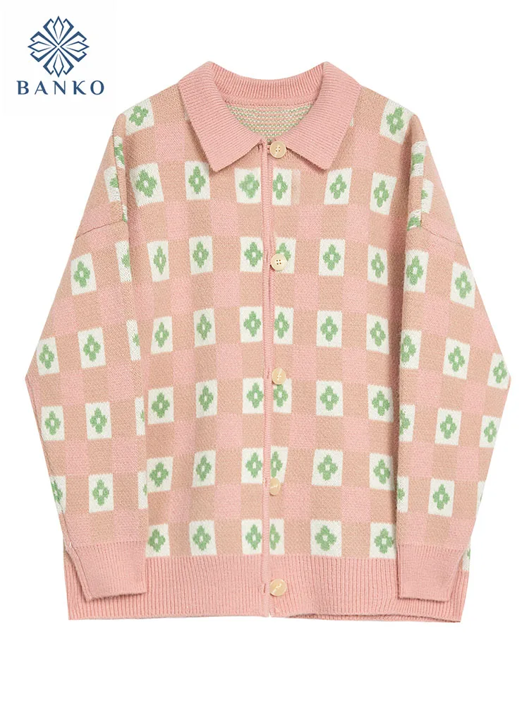 

Женский однобортный Кардиган-поло, повседневный трикотажный свитер в клетку с воротником-поло, в Корейском стиле, осень 2000