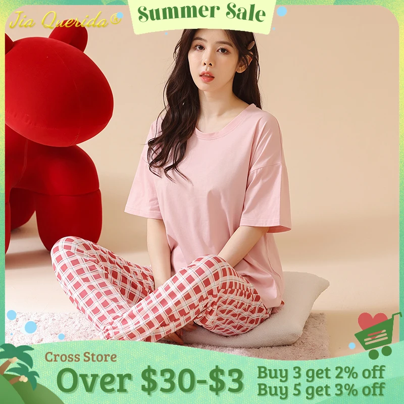 

New Summer Big Size 4XL Fashion Sleepwear for Women Short Sleeve Plaid Pants Round Collar Plain Homewear Pink Leisure Pajamas