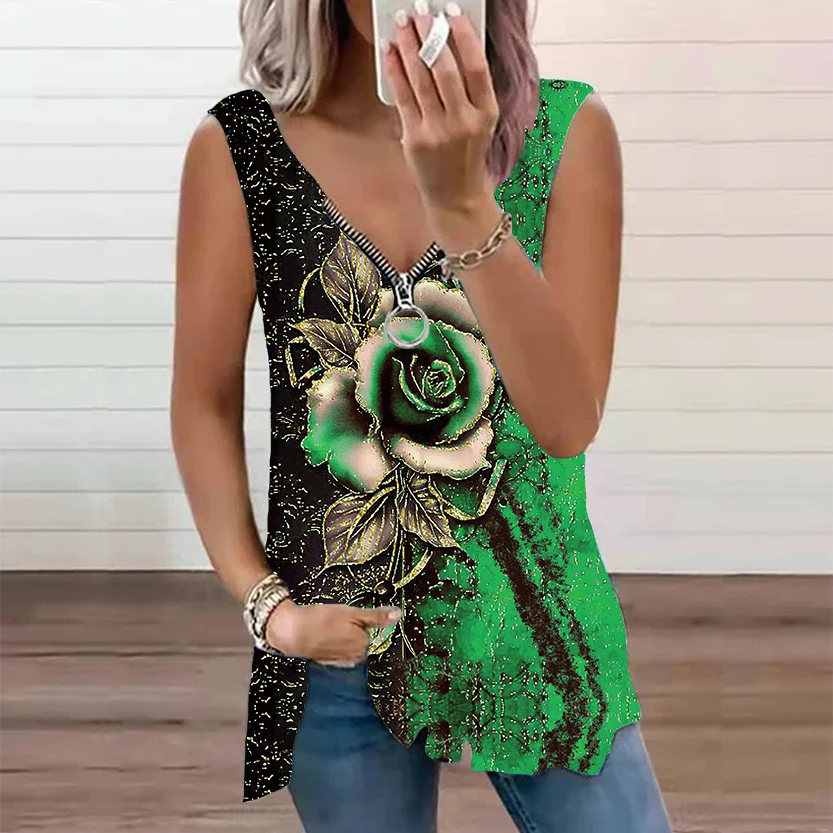 Блузка женская с цветочным принтом V-образным вырезом без рукавов - купить по