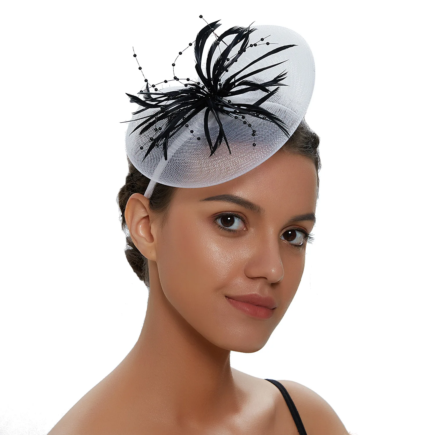 

Women Mesh Bridal Feathers With Clip Headband Fascinator Hat Charming Cocktail Derby Flower Elegant Hair Accessories Headwear