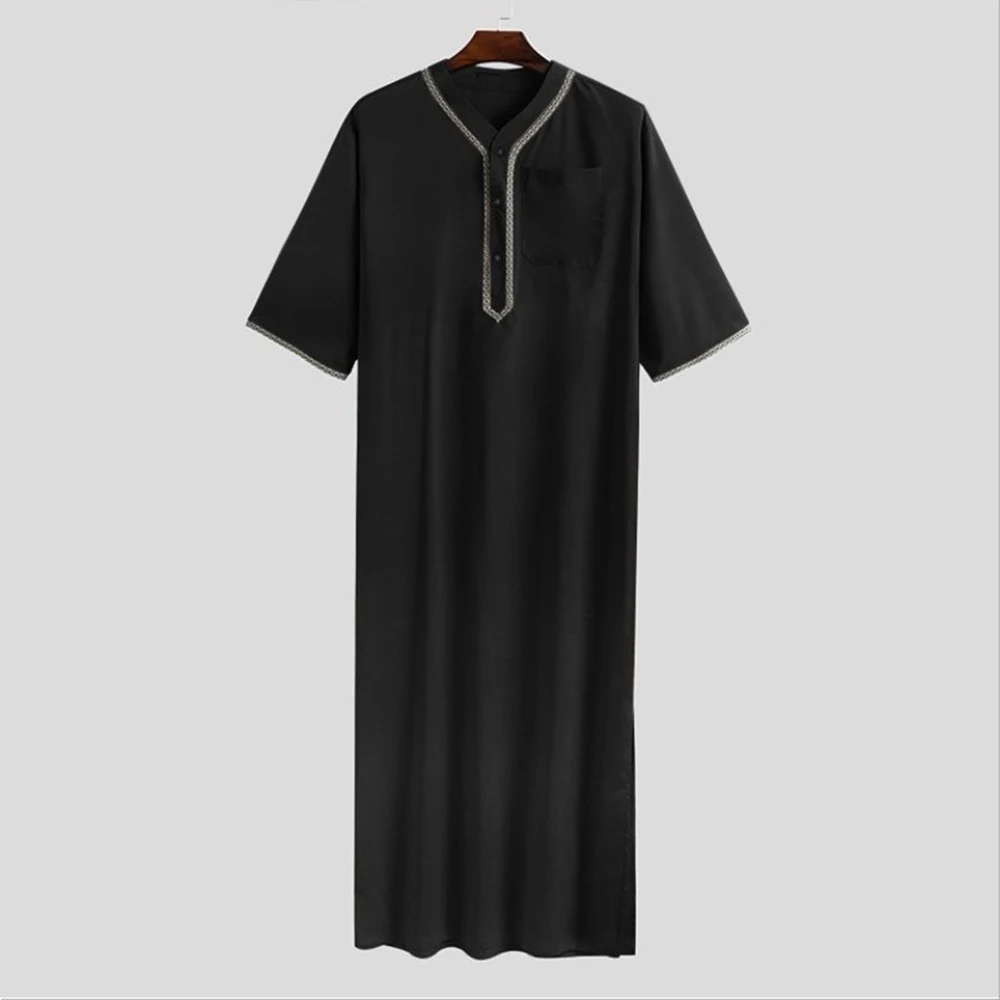 Islamic Arabic Kaftan Men Half Sleeve Solid Color V Neck Muslim Clothes Loose Casual Middle East Dubai Jubba Thobe Plus Size 5XL