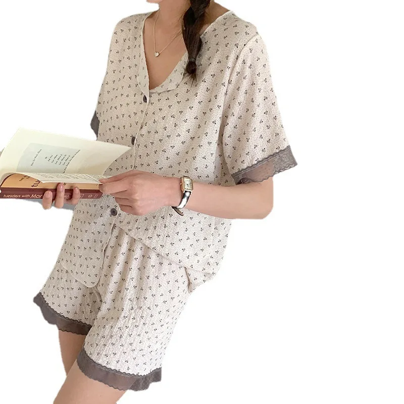 Women's Sleep Pajamas Summer Short Sleeve Shorts Suit New Print Cute Cardigan Homewear Pajama Sets Nightwear Clothes for Women