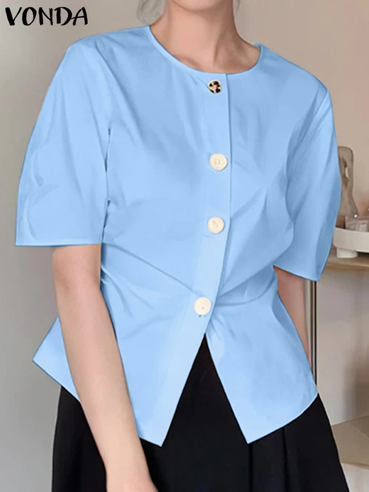 

VONDA Women Fashion Shirts 2023 Summer Buttons Elegant Blouses Short Sleeve Casual Solid Color Tunic Top Streetwear Blusas Femme