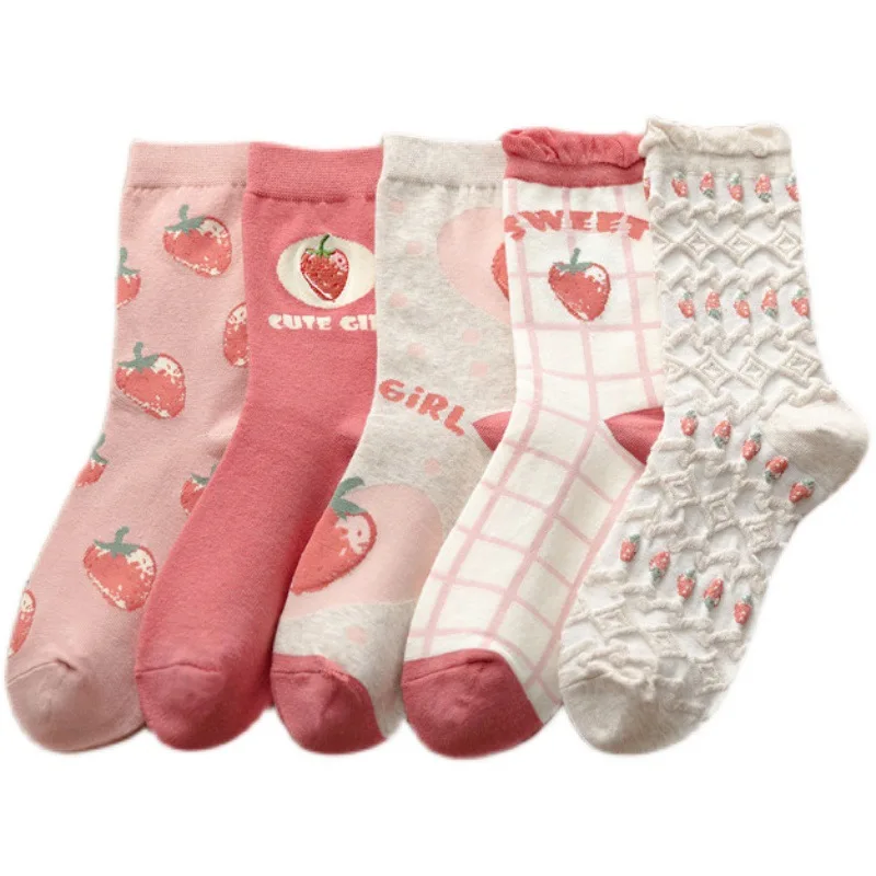 

Pink Socks Women's Girls Middle Tube Summer Thin Section Cute Cotton Sweet Strawberry College Style Spring Autumn Socks