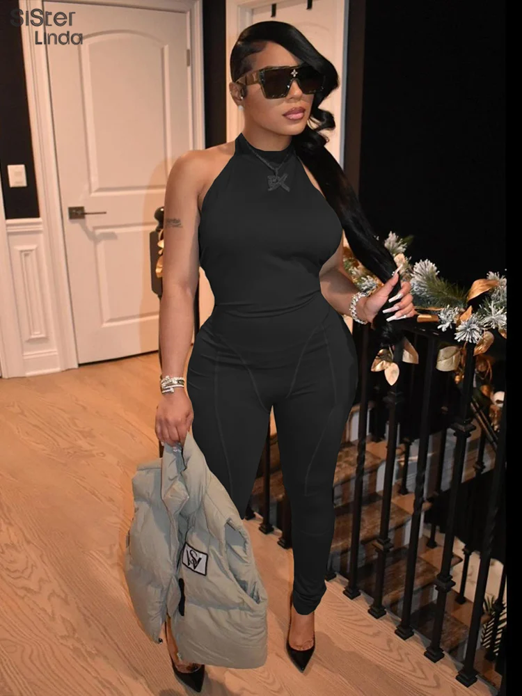 

Sisterlinda Casual Skinny Fitness Jumpsuit Women Sleeveless Turtleneck Backless Sporty Bodycon One Piece Playsuit Streetwear2022