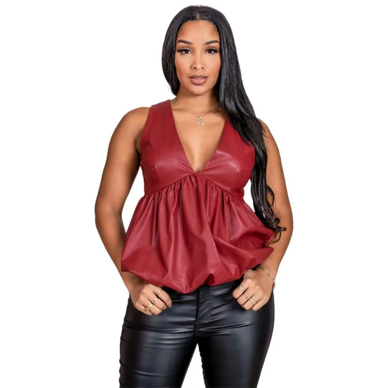 

Y2k женские кожаные топы без рукавов с глубоким v-образным вырезом, модный однотонный топ-майка с оборками в уличном стиле, сексуальный кожаны...