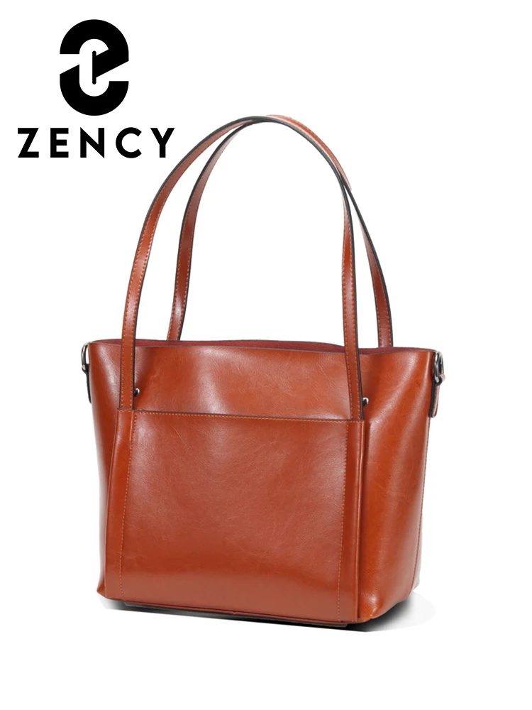 Zency Women's Soft Cowhide Leather Female Tote Shopper Top-handle A4 Bucket Bags Simple Commuter Handbag Winter New Shoulder Bag