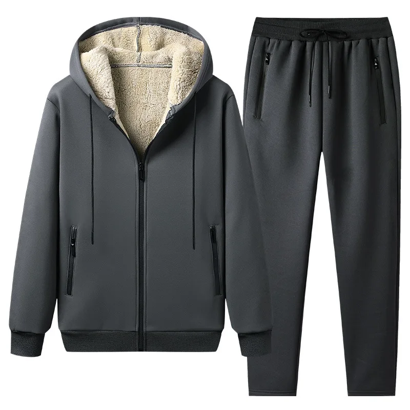 2022 Men's Sweater Suit Large Size Winter Warm Hooded Casual Suit Men's Lamb Fleece Sports Suit M-5XL