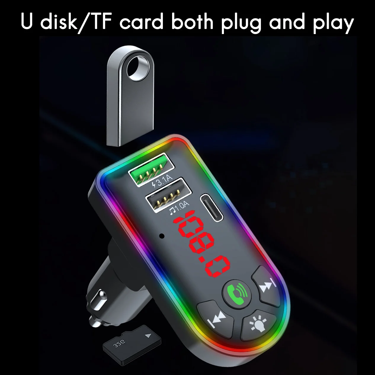 DC5V 3.1A FM-передатчик Bluetooth 5.0 Автомобильный MP3-плеер Беспроводная громкая связь для