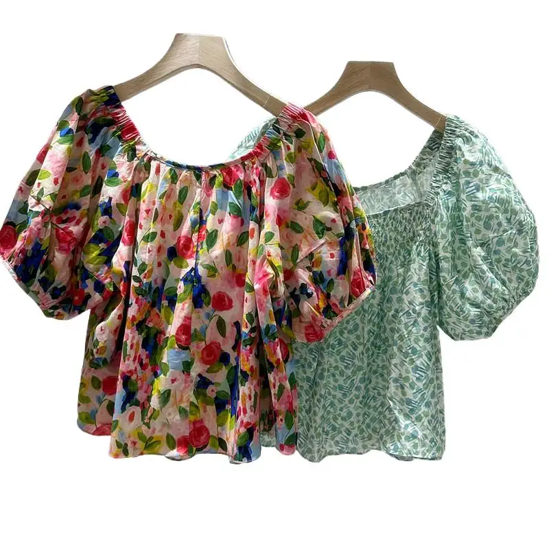

Korean Elegant Retro Square Neck Puff Sleeve Top Fashion Sexy Short Top Summer Women's Blouses Bohemian Holiday Shirt 2023 Blusa