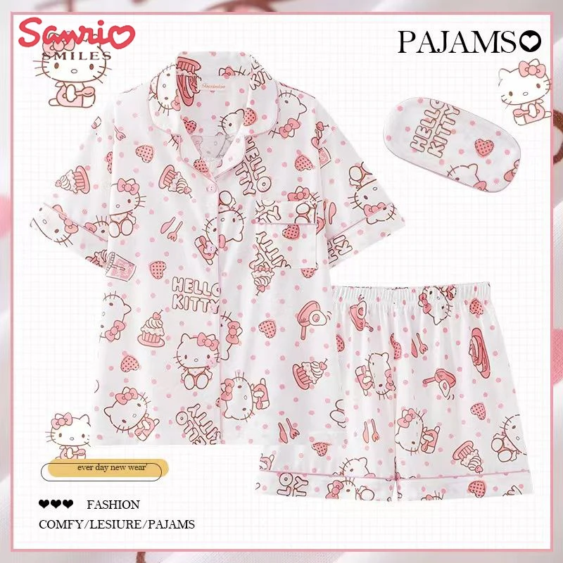

Милые летние пижамы Sanrios аниме Hello Kittys Cinnamoroll My Melody, милый тонкий мягкий Повседневный свободный комплект для взрослых, детский подарок, маска для глаз