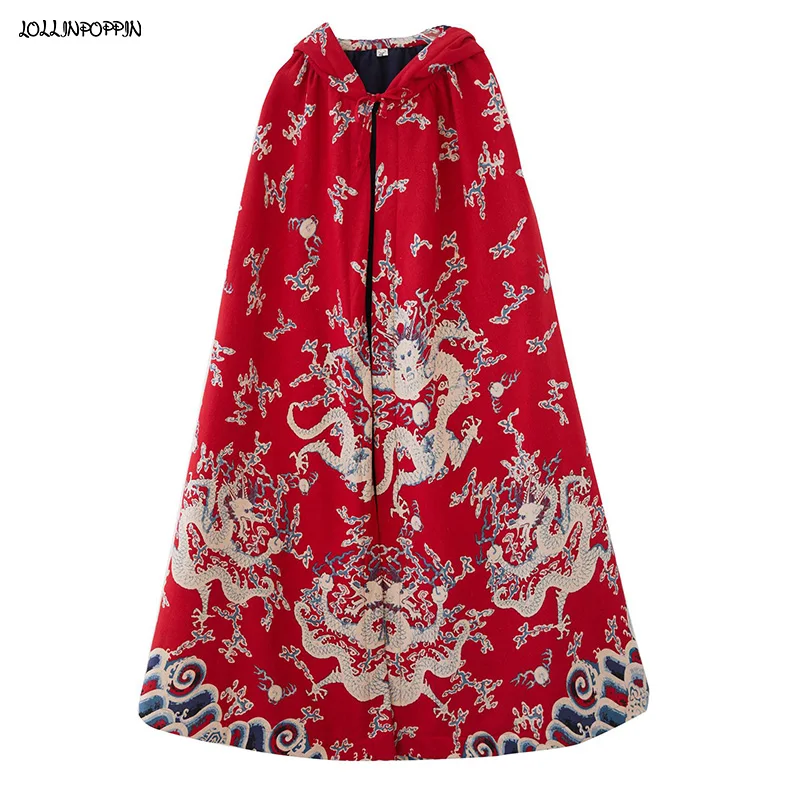 

Chinese Style Dragon Printed Men Cotton & Linen Hooded Cloak 2022 New Fleeced Mens Trench Coat Long Style Cape