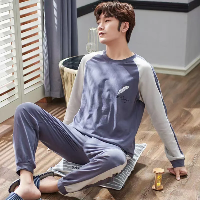 Spring/Autumn Pajamas Set Men Long-sleeved Trousers 100%Cotton  2 Piece Set Sleepwear Loose Home Clothes Homewear Nightwear