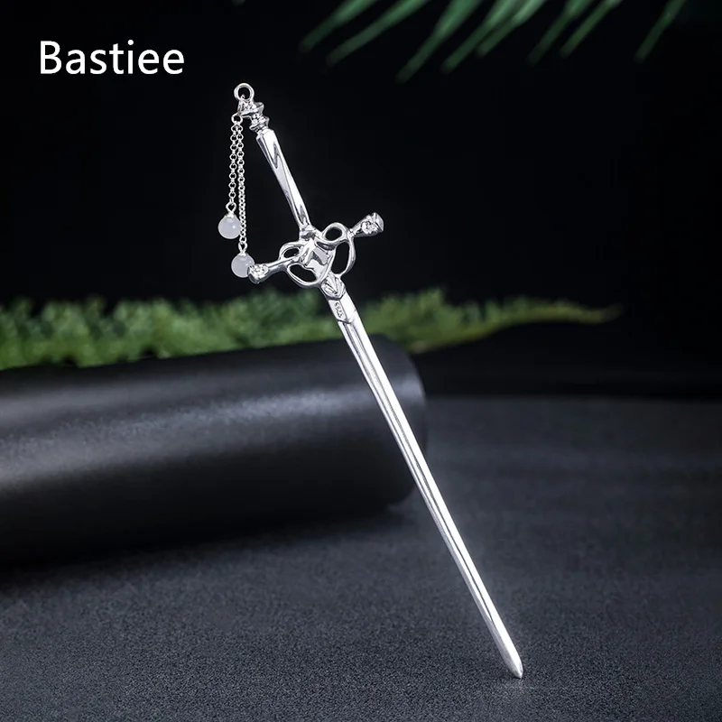 

Bastiee S925 Silver Sword Hairpin Chinese Style Hetian Jade Tassel Antique Hanfu Qipao Hair Acessorios