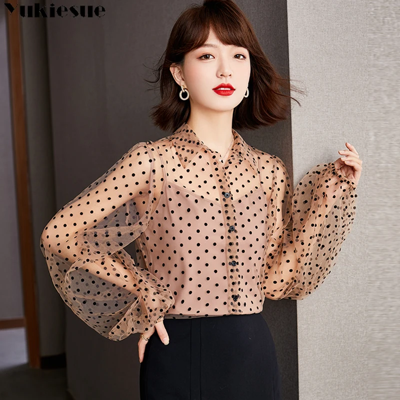 chiffon women blouses shirts womens blusas Ladies Polka Dot hollow out Shirt Female Spring Sexy Two-piece Top Crop blouse
