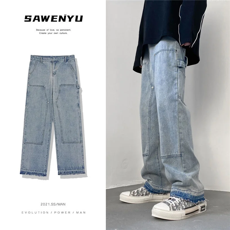Cotton Blue Black Baggy Jeans Men Fashion Retro Wide Leg Jeans Mens Streetwear Loose Hip Hop Straight Cargo Denim Pants Men