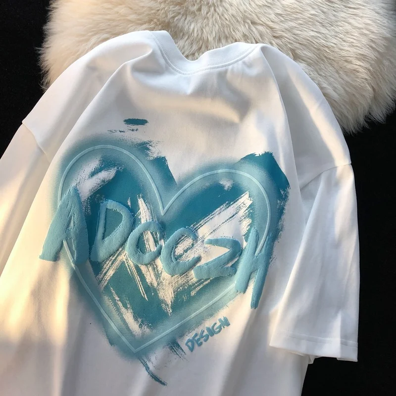 

High Street Design T Shirt Women 2022 Summer New Loose Solid Tees Letter Heart Print Casual Tshirt Oversized O Neck Female Tops