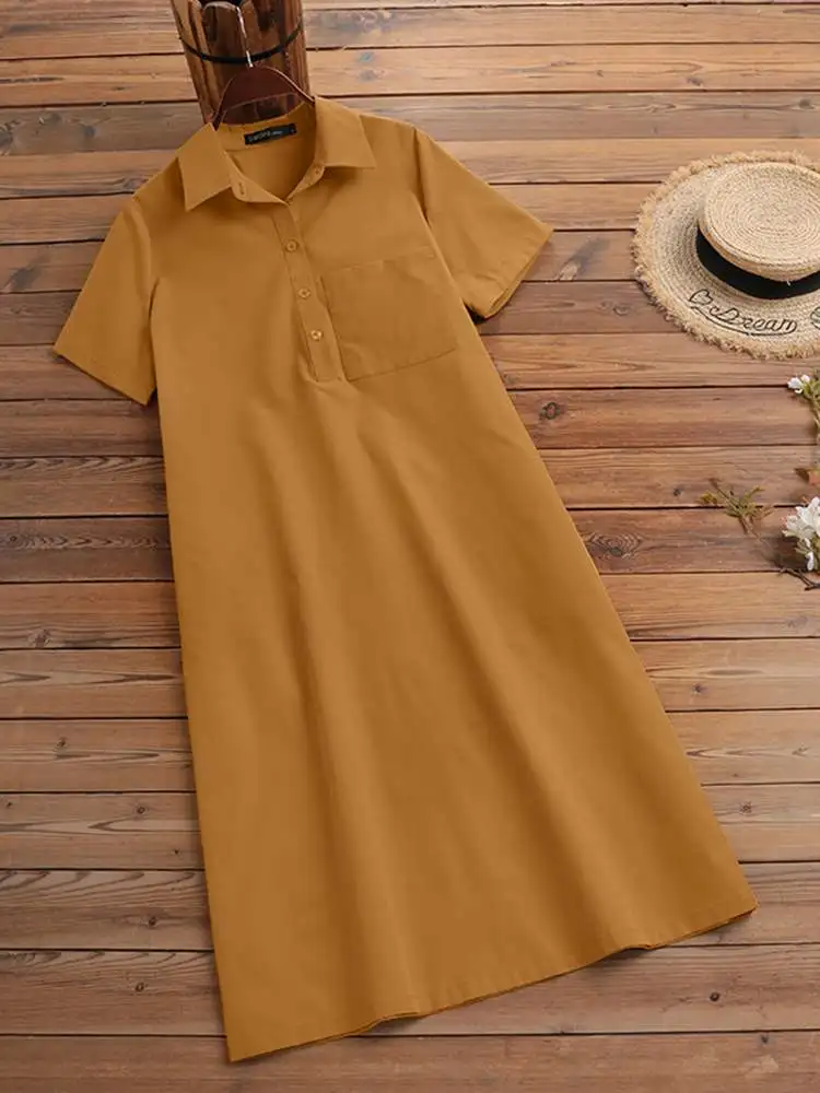 

Платье-рубашка ZANZEA женское до колен, элегантный офисный сарафан с отложным воротником, на пуговицах, праздничный кафтан оверсайз с коротким...