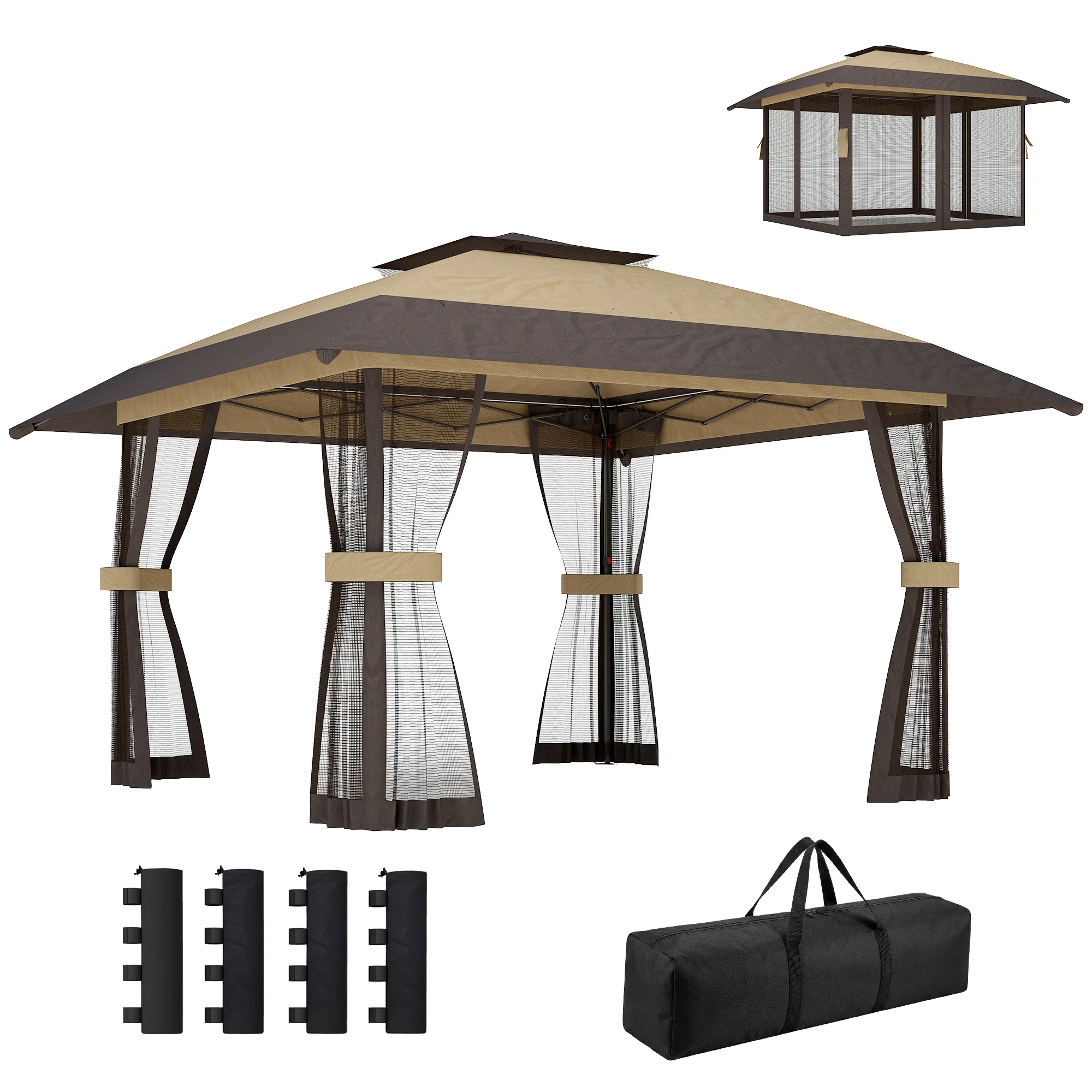 Outsunny Folding Tent 4X4 m with Double Roof Adjustable Height 4 Sides Khaki