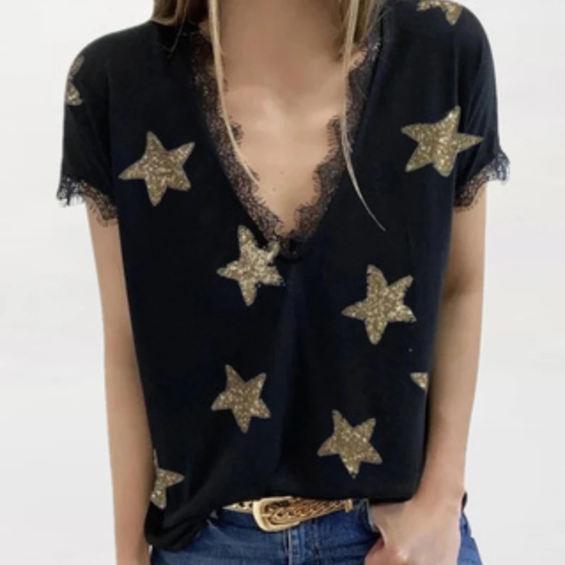 

Women's Summer Loose Casual V-neck Printed Lace T-Shirt Top