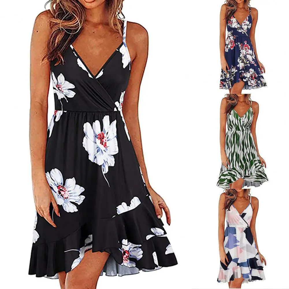 

Dress V Neck Ruffle 4 Colors Ladies Floral Printing A-line Dress for Dating