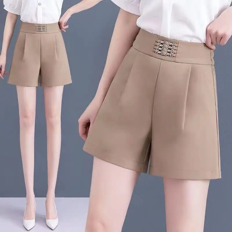 Fashion All-match Female Solid High Waist Shorts Office Lady Korean Simplicity Sequined Spliced Loose Shorts Women's Clothing