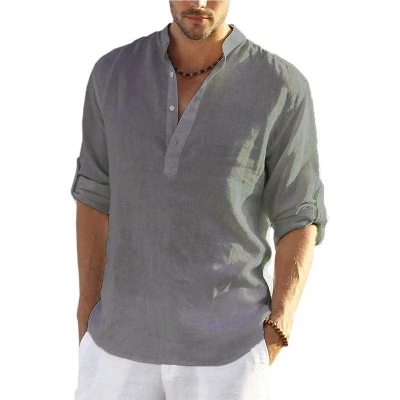 Summer Cotton Linen Men Shirts 2022 New Casual Loose Long Sleeve Stand Collar Tops Blouse Solid Button V-Neck Male Shirts Tops