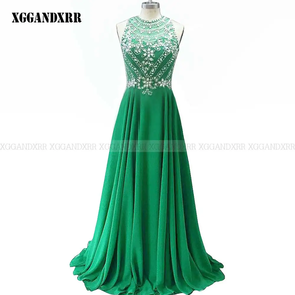 

Реальное фото Зеленое Длинное платье для выпускного вечера 2023 роскошное шифоновое официальное женское вечернее платье с круглым вырезом и бисером с кристаллами Индивидуальный Пошив