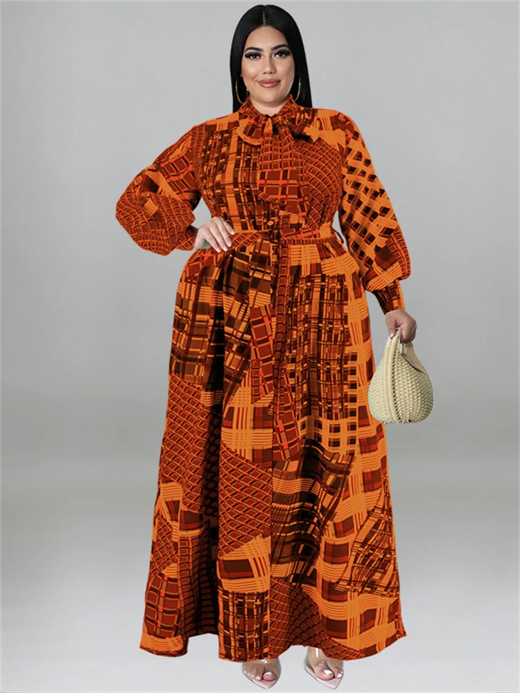 Plus Size Women Clothing Fall Dresses with Belt Loose Vintage Long Sleeve Print Big Hem Long Dress Who 3xl 4xl 5xl 6xl