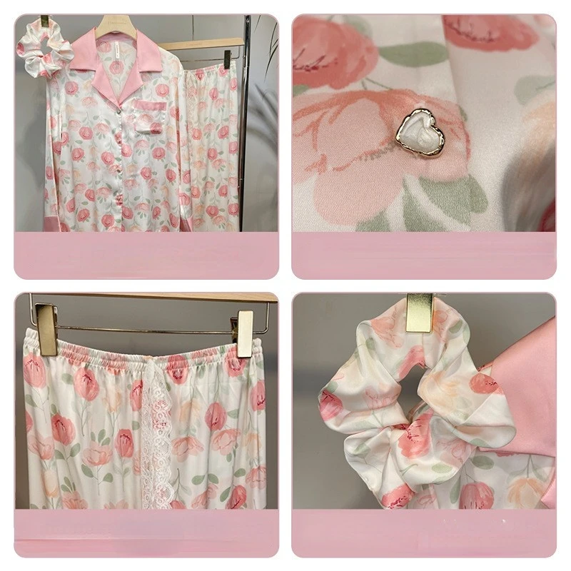 Women's 3 Piece Pajamas Sets Soft Cute Floral Pijama Faux Silk Satin Pyjama Female Sleepwear Long Sleeve Shirt Trouser Homewear