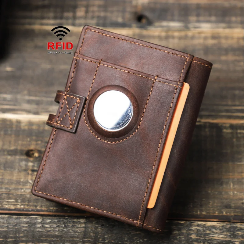 

Airtag Tracker RFID Anti-theft Brush Fashion Men Wallet Magnetic Button Genuine Leather Purse 2023 Money Bags Credit Card Holder