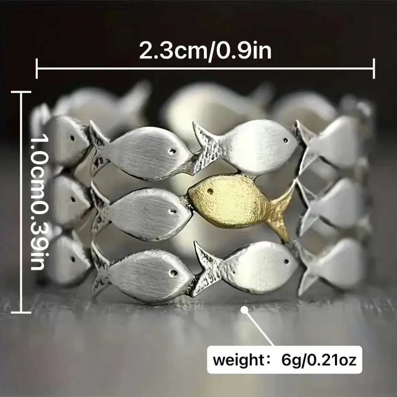 Artistic Retro Little Goldfish Layered Ring Adjustable Cute Fish Open Two Tone Ocean Animal Jewelry Gift for Women Men