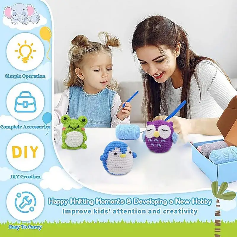Набор для вязания пряжи начинающих 3 узора животные сова пингвин лягушка набор