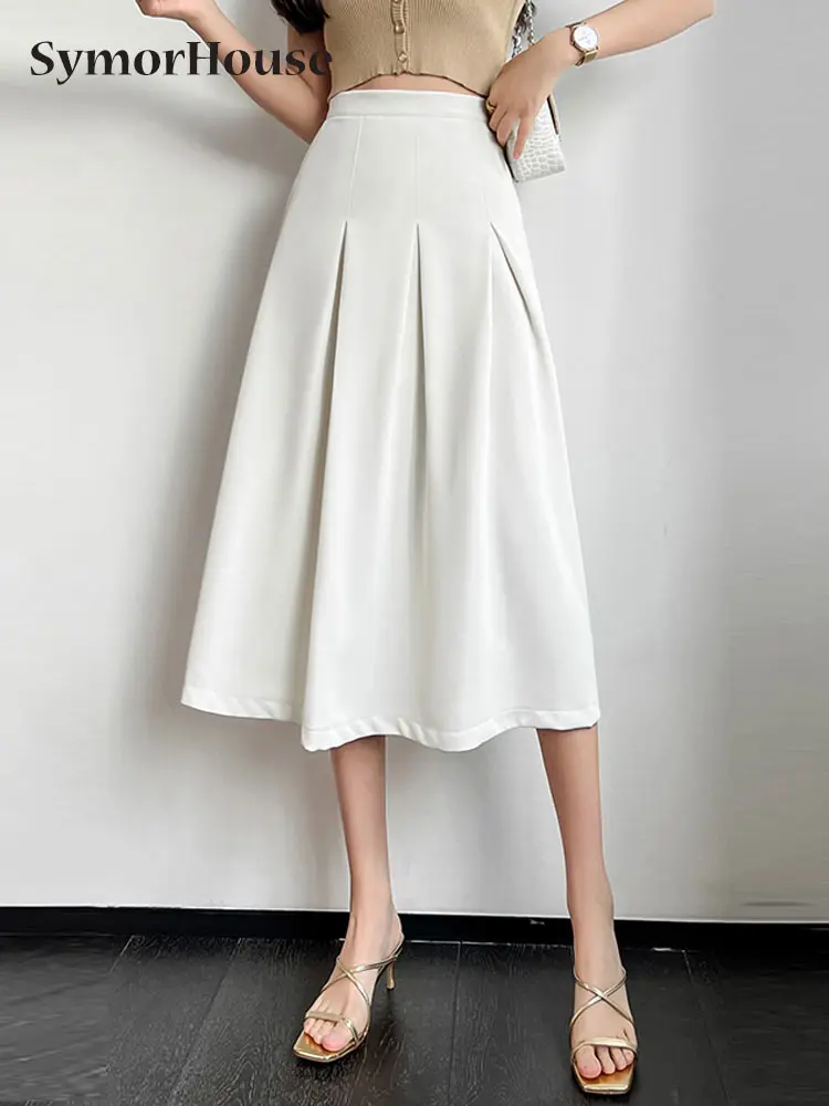 

2023 Spring Summer Pleated Skirts Women High Waist Fashion Simple Elegant Slim A-Line Midi Skirts Female Saia Faldas